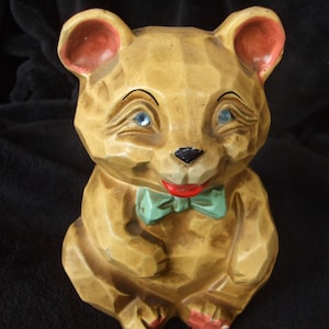 Vintage Paper Mache or Composite Bank, Bear Cub Bank, Teddy Bear , Cute or Creepy , Weird Bear with Bow Tie and Rhinestone Eyes