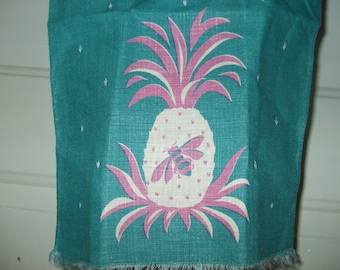Vintage Tammis Keefe Guest Towel, HTF MCM Cocktail Napkin or Fingertip Towel, Pineapple and Bee, RARE Teal and Purple