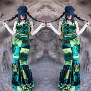 One of a kind patchwork green velvet overalls