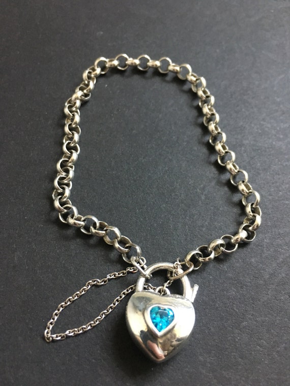 Vintage Sterling Topaz Heart Padlock Bracelet