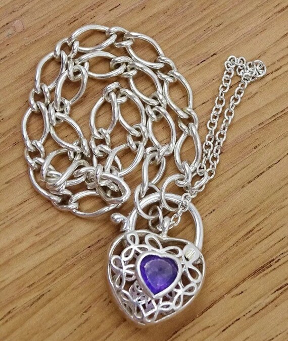 Vintage Sterling Amethyst Heart Padlock Bracelet