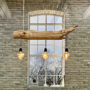 Ceiling lamp driftwood lamp 100 cm long old oak branch with 3 pendants