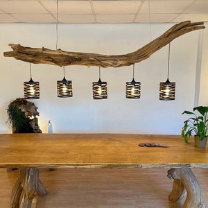 Ceiling lamp, wooden lighting, driftwood lamp made of 200 cm long old oak branch.