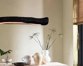 Ceiling lamp deep burnt driftwood Yakisugi style with dimmable dual LED strip Length 185 cm