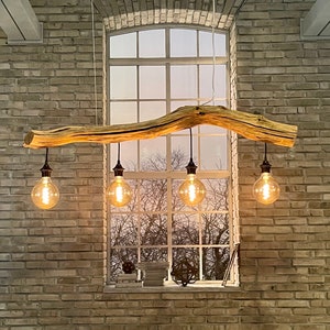 Ceiling lamp wooden lamp of oak branch with 4 pendants with Edison LED lamps length 125 cm