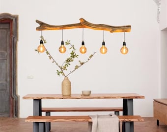 Rustic driftwood ceiling lamp with Edison LED lamps, length 155 cm. Oak branch.