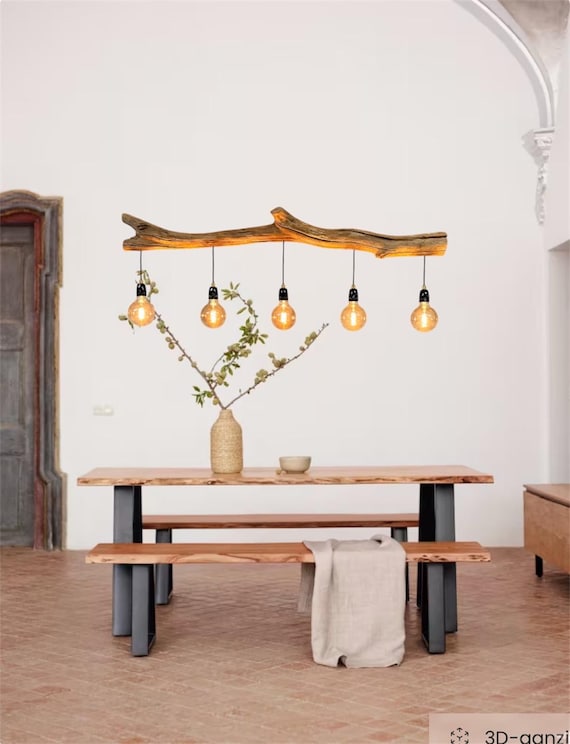 Rustic Driftwood Ceiling Lamp With Edison LED Lamps, Length 155 Cm