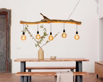 Rustic driftwood ceiling lamp with Edison LED lamps, length 148 cm. Oak branch.