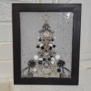 Vintage Jewelry Art. Framed Jewelry Christmas tree, Unique Jewelry Art Pictures, One of a Kind, Black and White Christmas Decoration