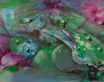 Green abstract painting with trompe l'oeil waterdrops and bubbles