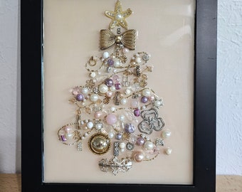 Unique Framed Jewelry Christmas Tree, Vintage Jewelry Art, One of a Kind Framed Art, Christmas Decor