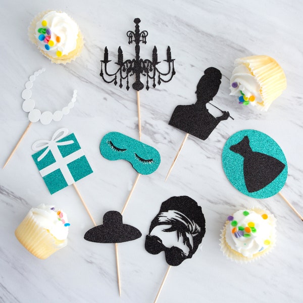 Breakfast at Tiffanys themed cupcake toppers; Birthday Party; Bridal Shower; Baby Shower theme