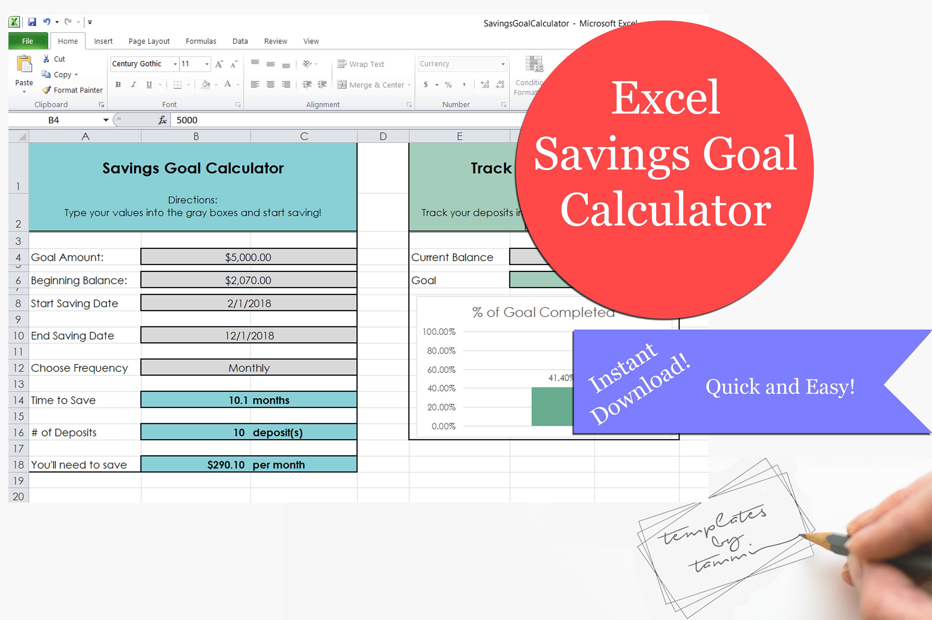 Easy Excel Savings Goal Calculator Savings Calculator Etsy