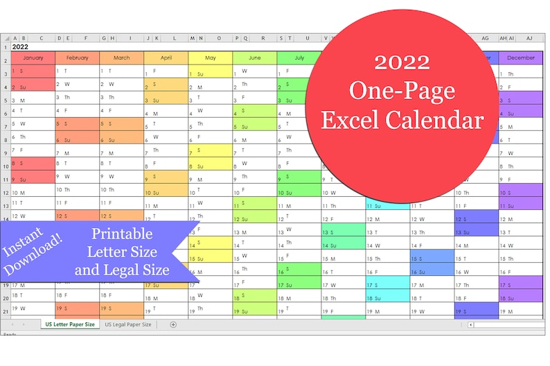 2022 one page excel calendar etsy uk