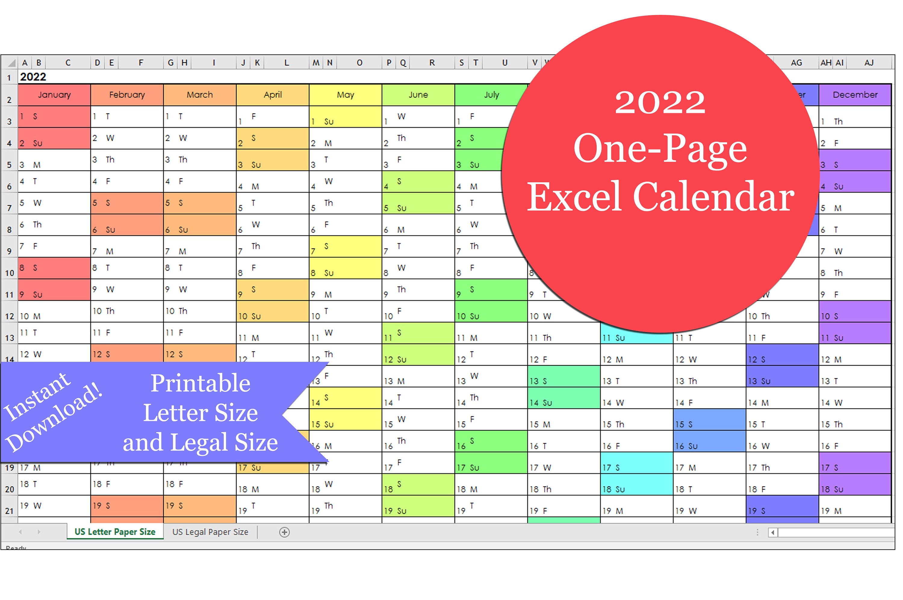2022 one page excel calendar etsy canada