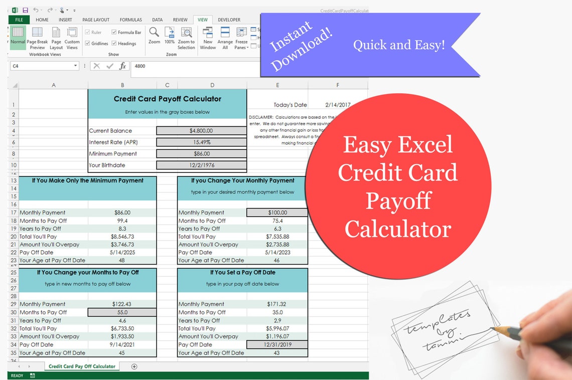 Easy Excel Credit Card Payoff Calculator Debt Calculator Etsy