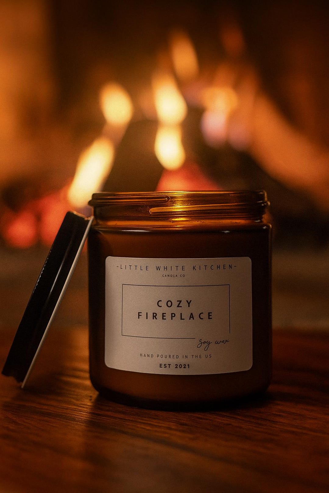 Cozy Fireplace Soy Wax Candle | Soy Candle | Amber Jar Candle | Autumn Candle | Fall Candle | Wood Wick | Scented Candle | Homemade