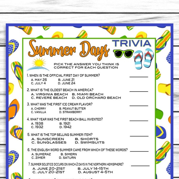 Summer Trivia Game, Party Game, Family Reunion Party Game, Summer Gathering Printable Game, Summer Favors Decor, Instant Download