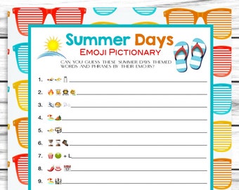 Summer Emoji Pictionary Party Game | Printable Emoji Game For Adults Kids | Summer Party Decor Activity | Family Reunion Pool Party Idea