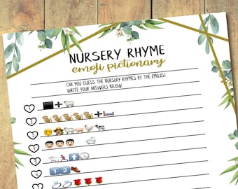 Nursery Rhyme Emoji Pictionary Game, Baby Shower Game, Instant Download, Printable, Nursery Rhymes, Gender Neutral, Greenery Theme