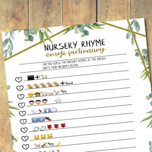 Nursery Rhyme Emoji Pictionary Game, Baby Shower Game, Instant Download, Printable, Nursery Rhymes, Gender Neutral, Greenery Theme
