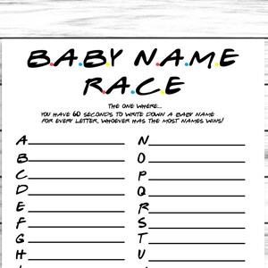 The One Where Baby Name Race Game, Baby Names Game, Baby Name Race, Printable Baby Shower Games, Instant Baby Games,Baby Shower Games