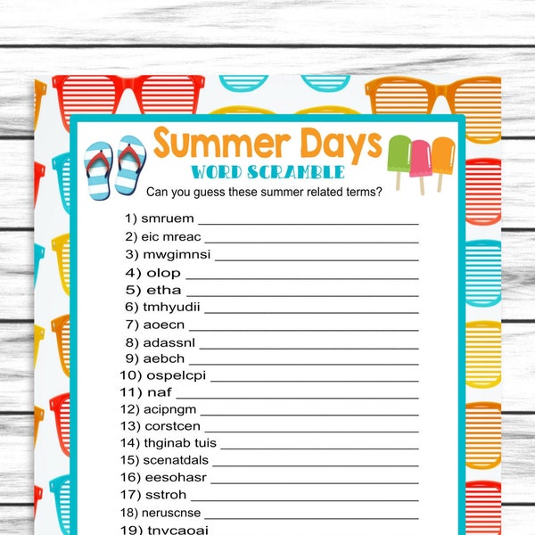 Printable Summer Party Word Scramble | Word Jumble For Adults Kids |  Family Reunion Vacation Activity | Decor Favors Idea Instant Download