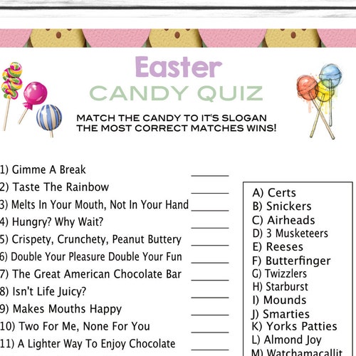 Easter Candy Quiz Easter Trivia Party Game Easter Dinner Etsy