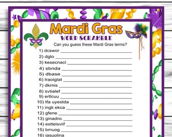 Mardi Gras Party Games,Mardi Gras Word Scramble, Mardi Gras Game, Mardi Gras Printable Games, Instant Download, Mardi Gras Decor