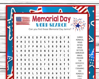 Memorial Day Word Search, Party Game, Word Find Game, For Adults Kids, Memorial Day Decor Favors, Printable Games, Instant Download