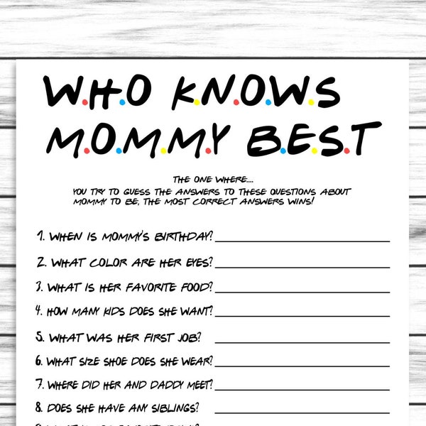 The One Where Who Knows Mommy Best Game, Friends Fun Baby Game, Printable Baby Shower Games, Instant Baby Games,Baby Shower Games