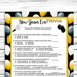 New Years Trivia Game, New Years Party Trivia, New Years Eve Game, New Years Party Game, Holiday Party Game, Printable