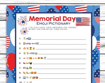 Memorial Day Game, Emoji Pictionary, Party Game, Emoji Game, For Adults Kids, Memorial Day Decor Printable Games, Instant Download