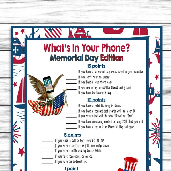 Memorial Day Whats In Your Phone, Party Game, Phone Game, voor volwassenen kinderen, Memorial Day Decor Gunsten, Afdrukbare Games, Instant Download