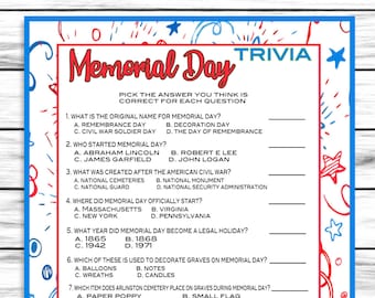 Memorial Day Trivia Game, Party Game, Memorial Day Party Game, Memorial Day Printable Game, Memorial Day Decor, Instant Download