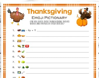 Thanksgiving Emoji Pictionary Game, Printable Virtual Turkey Day Trivia Quiz For Kids & Adults, Fun Friendsgiving, Office, Classroom Party