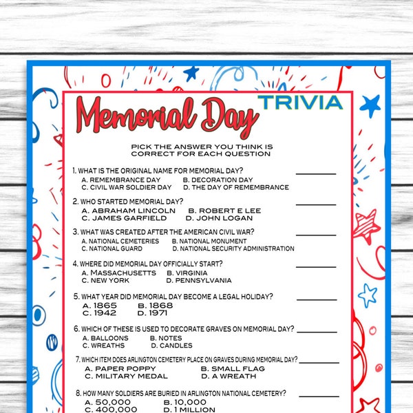 Memorial Day Trivia Game, Party Game, Memorial Day Party Game, Memorial Day Printable Game, Memorial Day Decor, Instant Download