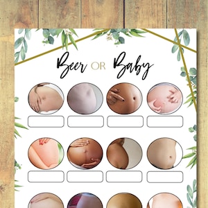 Beer or Baby Belly Game, Pregnant or Beer Belly Game, Baby Shower Games Printable, Pregnant Belly Beer Belly, Greenery Shower Activity