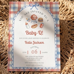 May include: A rectangular baby shower invitation card with a red and blue gingham background. The center features a white arched frame with a blue bow, illustrations of a grill, burger, hot dog, baby bottle, and pacifier, and the text Baby-Q!