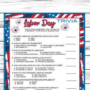 Labor Day Trivia Game, Party Game, Labor Day Party Game, Labor Day Virtual or Printable Game,  Adult Kids Game, Instant Download