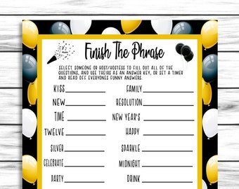 Finish The Phrase Game, New Years Game, New Years Party Activity, New Years Eve Game, New Years Party Game, Holiday Party Game, Printable