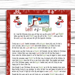 May include: A festive Christmas-themed print with a red border and snowflake accents. The central image features a snowman and the text "Left or Right." The text narrates a story about Frosty the Snowman, using the words "Left" and "Right."
