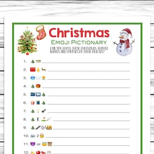 May include: A printable Christmas emoji pictionary game with a green border. The game features 15 questions with emojis representing Christmas-themed words and phrases. The game includes a space for a player's name and score.
