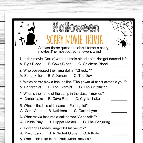 Halloween Scary Movie Trivia Game, Virtual Or Printable Costume Party Game, Horror Movie Facts Quiz For Kids Or Adults, Fun Activity