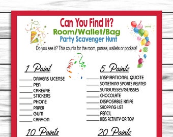 Party Scavenger Hunt Game, Gathering Scavenger Hunt, Whats in Your Purse, Bag, Wallet, Room, Church Party Game, Adult and Kids Party Game