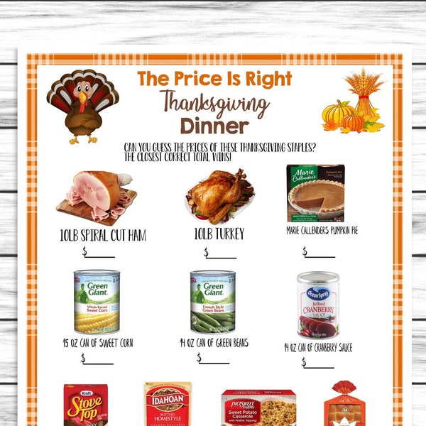 Thanksgiving Dinner Guess Price Game, Printable Or Virtual Turkey Day Quiz For Kids & Adults,Fun Friendsgiving Trivia,Office Classroom Party