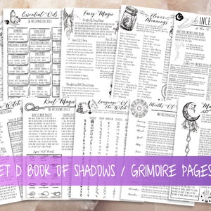 Printable Basic Witchcraft Grimoire Pages, Book of Shadows Pages, Essential Oils, Incense, Fairy Magic, Knot Magic, Kitchen Magic Set D
