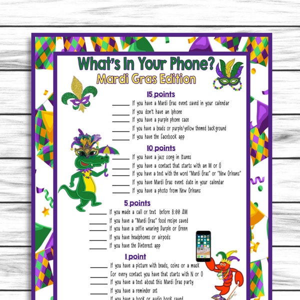 Mardi Gras Party Games,Whats In Your Phone Game, Mardi Gras Game, Mardi Gras Printable Games, Instant Download