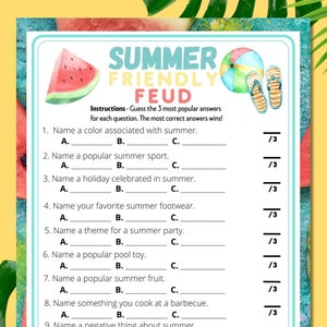 Summer Family Feud Trivia Party Game, Family Reunion Quiz, Summer Gathering Printable Vacation Game, Summer Favors Decor, Instant Download