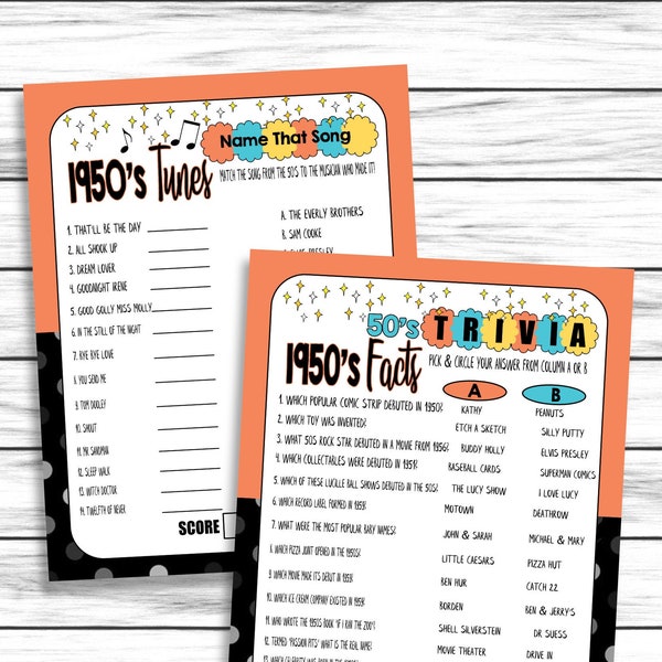 70th Anniversary Party Games, Adult Party Games, 50s Trivia Games, 1950 Anniversary Games, 1950s Song Trivia, Instant Download, 1950s Games